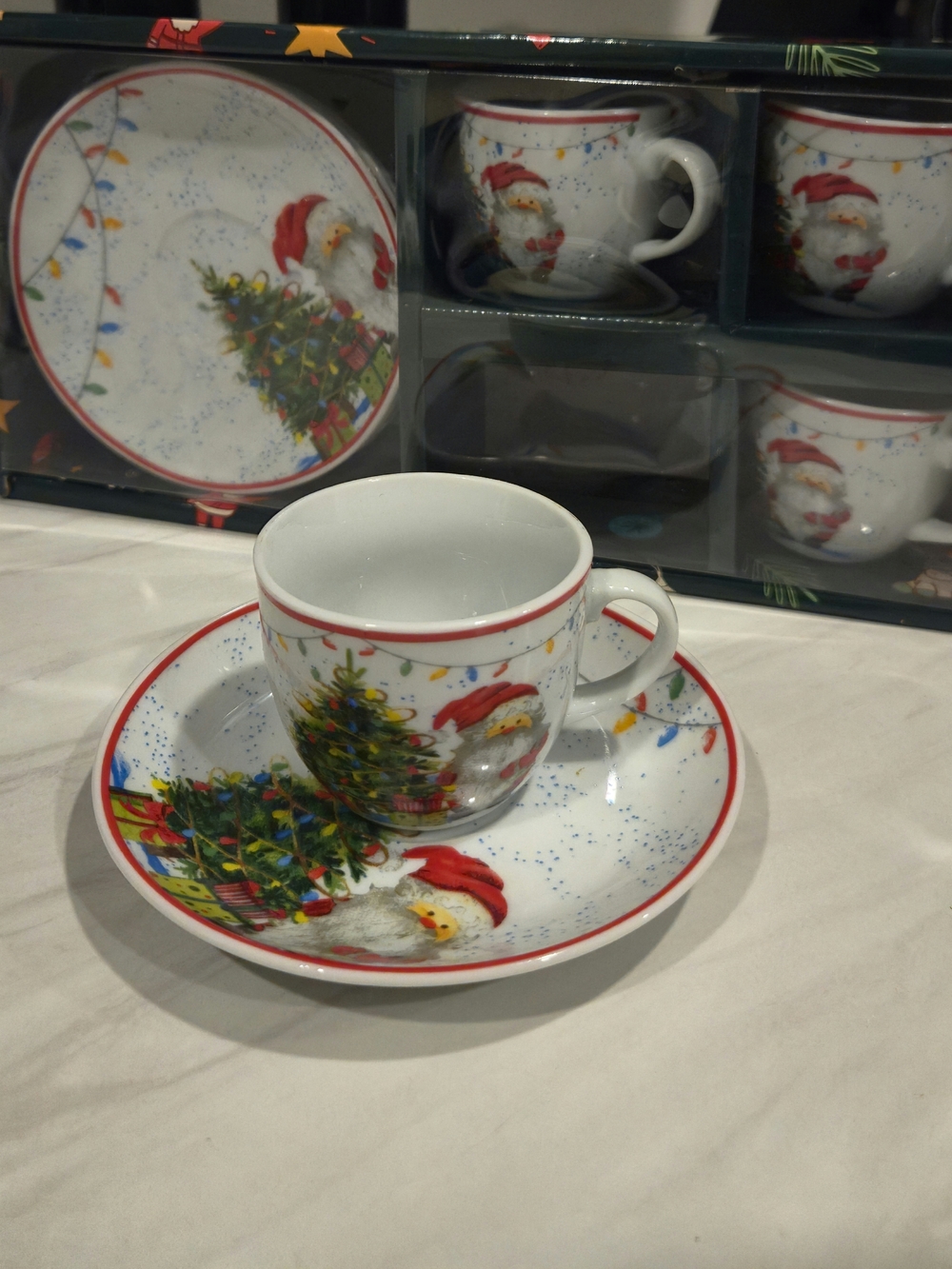 Holiday Santa & Christmas Tree Coffee Cup and Saucer Set - White/Red